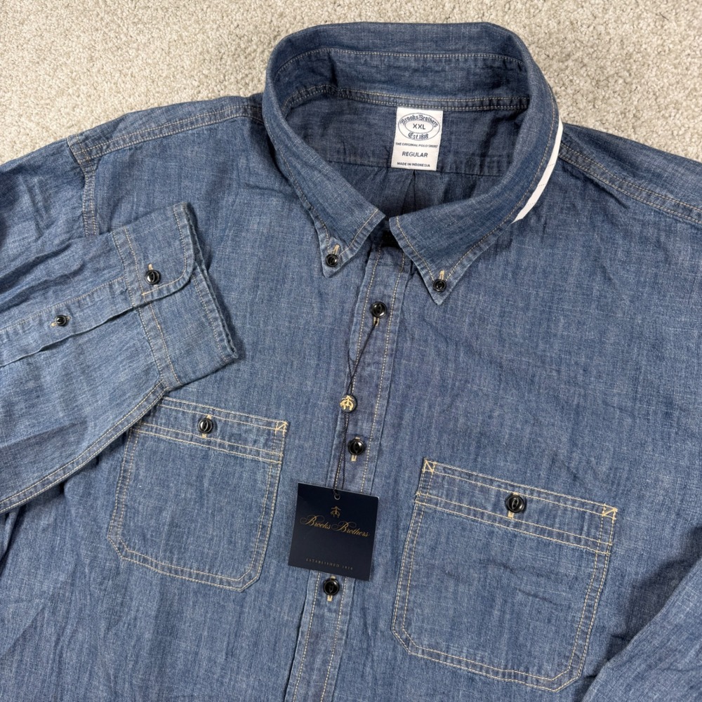 NEW Brooks Brothers Button Down Shirt Mens XXL Blue Cotton Chambray Regular Fit